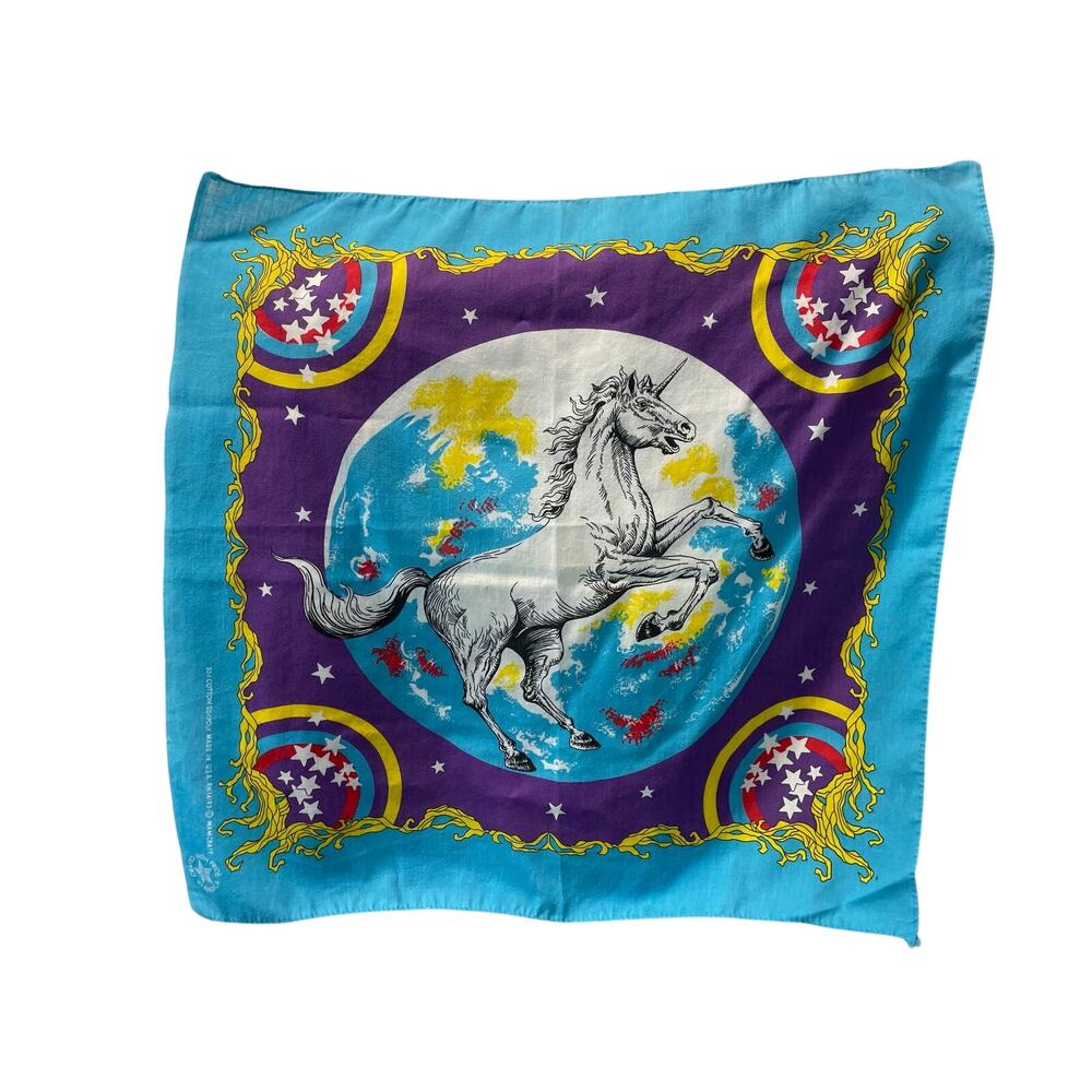 Vintage 1980s Fantasy Bearded Unicorn Bandana Rainbow Magical Whimsical Creature